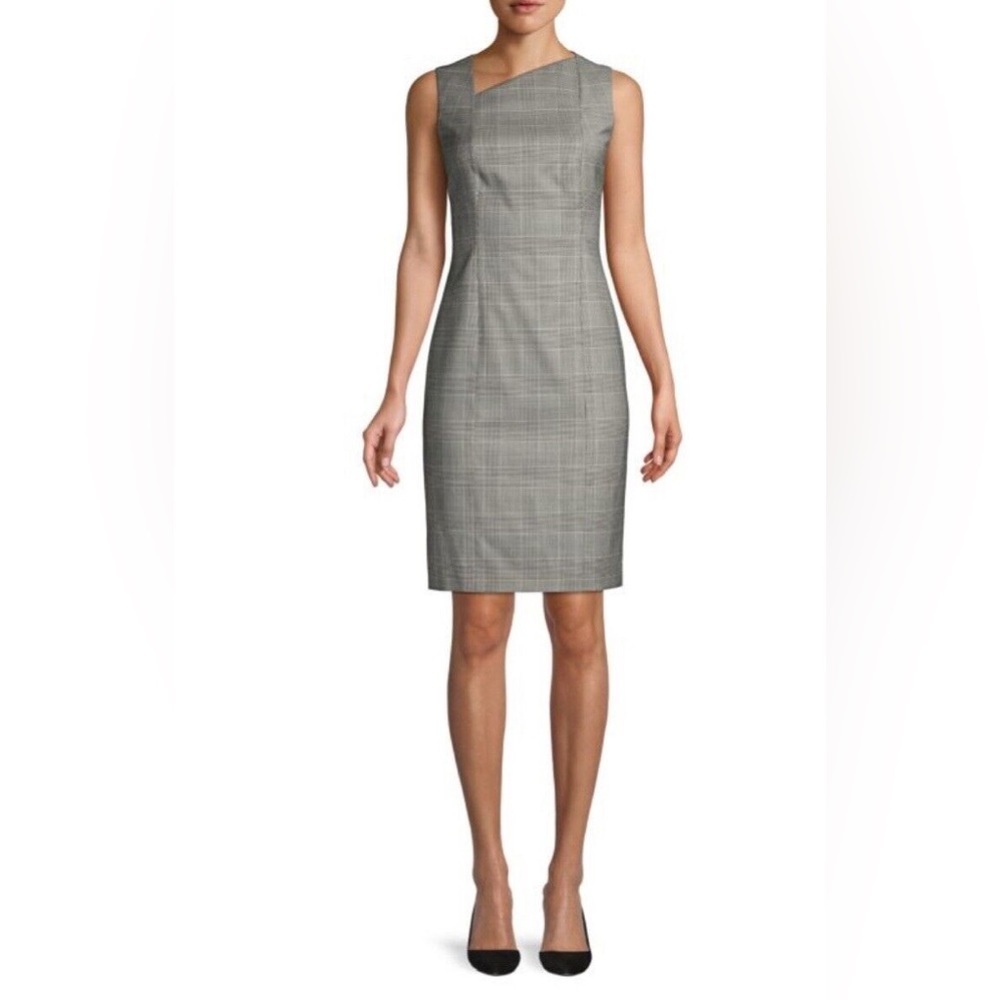 Hugo Boss Sheath Dress Womens Sz 10 Plaid Wool Business Asymmetrical Neckline